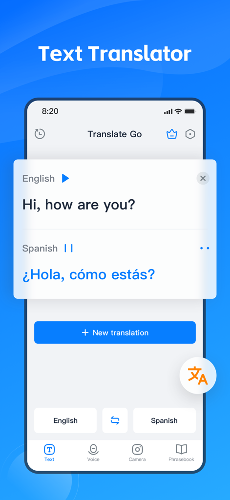 AI Translate Go app interface showing English to Spanish text translation