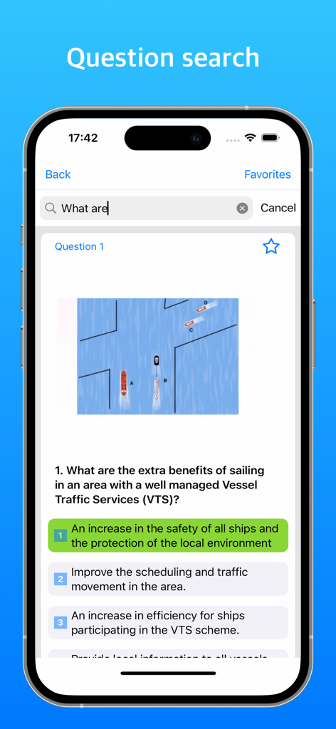 Smartphone screen showing a maritime study app question about Vessel Traffic Services with a diagram of ships