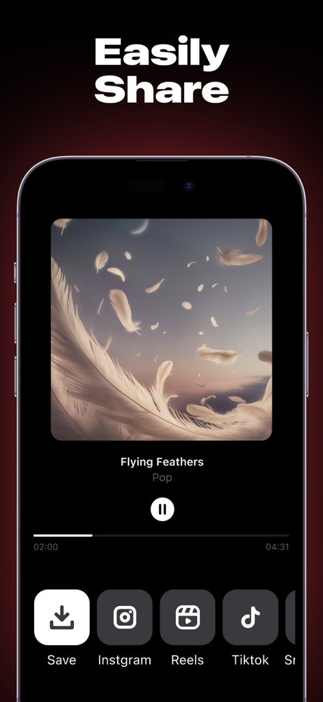 Donna AI Music Song Generator - The Donna AI Music app interface showing a music player for a generated song with sharing options for TikTok, Instagram, and Reels.