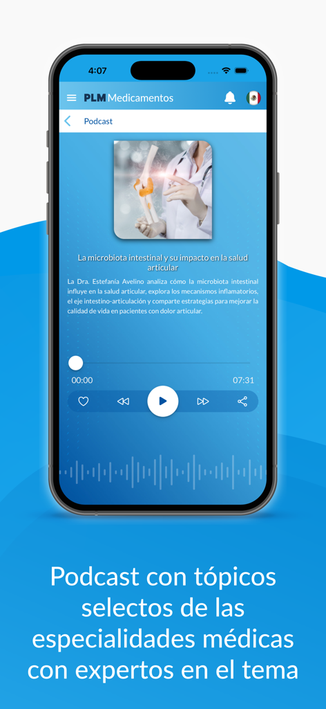 PLM Medicamentos - Interfaz de la aplicación PLM Medicamentos mostrando un reproductor de podcast médico con contenido educativo para profesionales de la salud