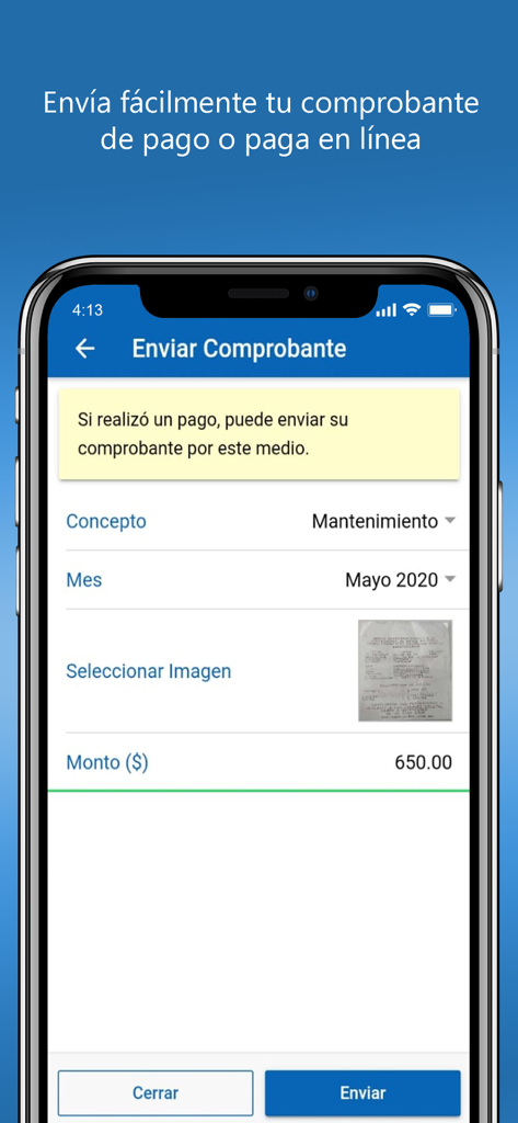 Residentia - Una schermata mobile dall'app Residentia che mostra un modulo per caricare una ricevuta di pagamento di manutenzione con campi per mese e importo.
