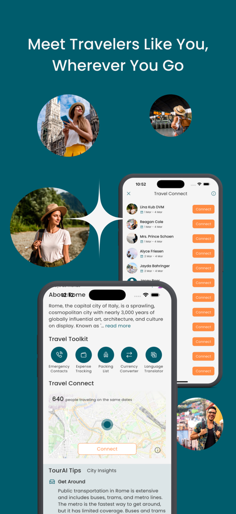 TourAI - AI Travel Planner - TourAI mobile App-Bildschirme, die die soziale Netzwerkfunktion Travel Connect und die Symbole für Ausgaben und Packlisten im Travel Toolkit anzeigen.
