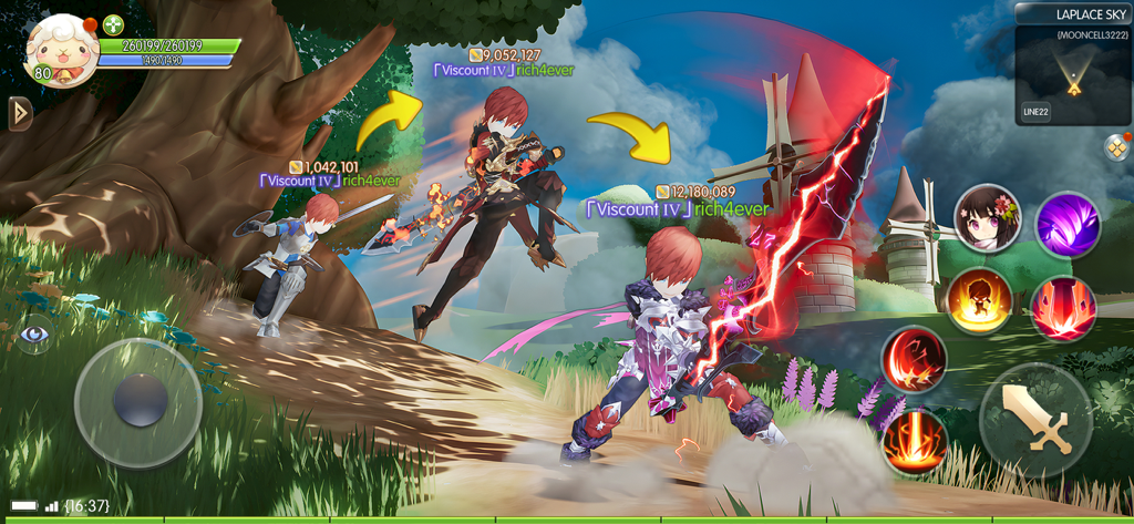 Tales of Wind: Radiant Rebirth - Un héroe de anime pelirrojo mostrando tres etapas de evolución de clase y mejoras de poder en Tales of Wind