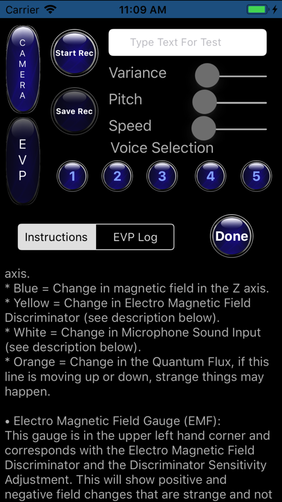 Interface pour l'enregistrement EVP et la sélection vocale dans l'application Ghost Detect Pro