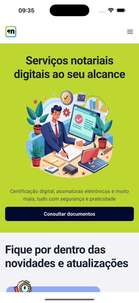 Home screen of the e-notariado app highlighting digital notarial services and electronic signatures.