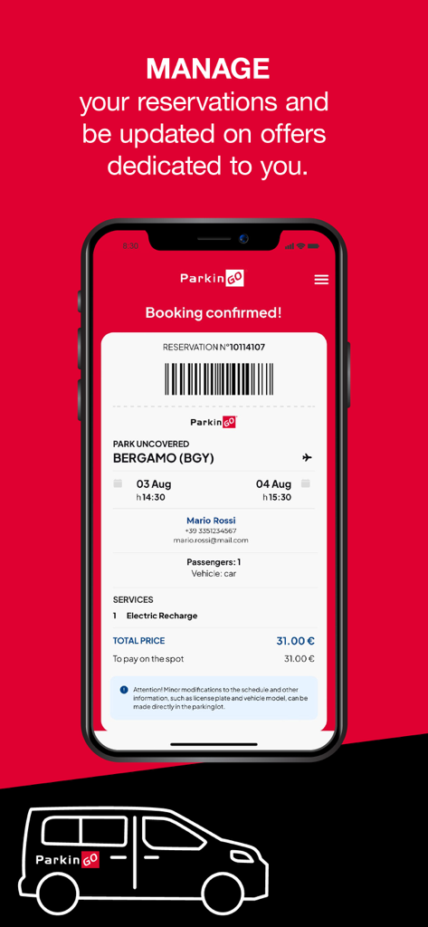 ParkinGO - ParkinGO app screen showing a confirmed parking reservation with barcode and price details for Bergamo airport
