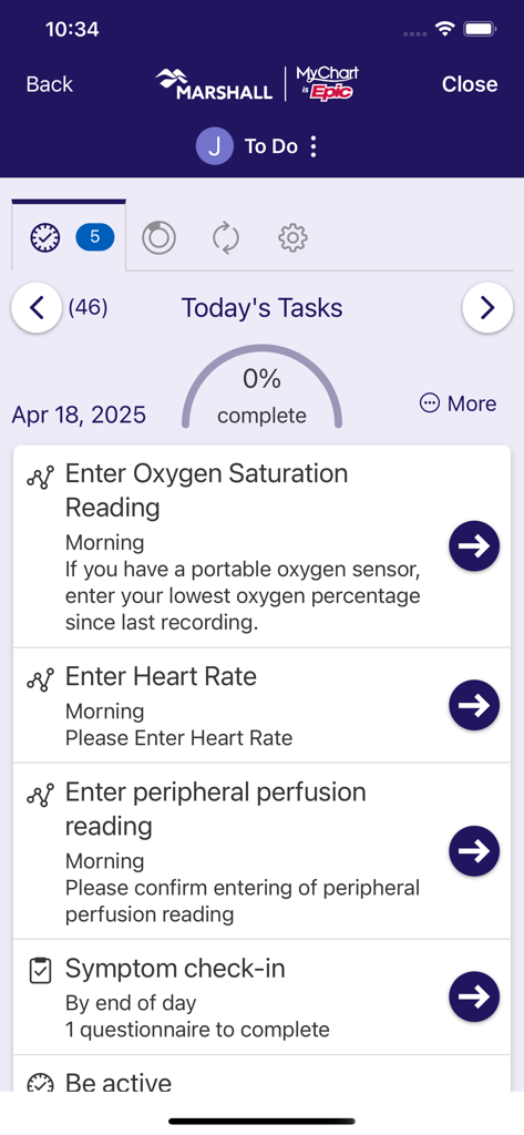 Pantalla de entrada de tareas de seguimiento de la salud diarias y signos vitales en la aplicación Marshall MyChart