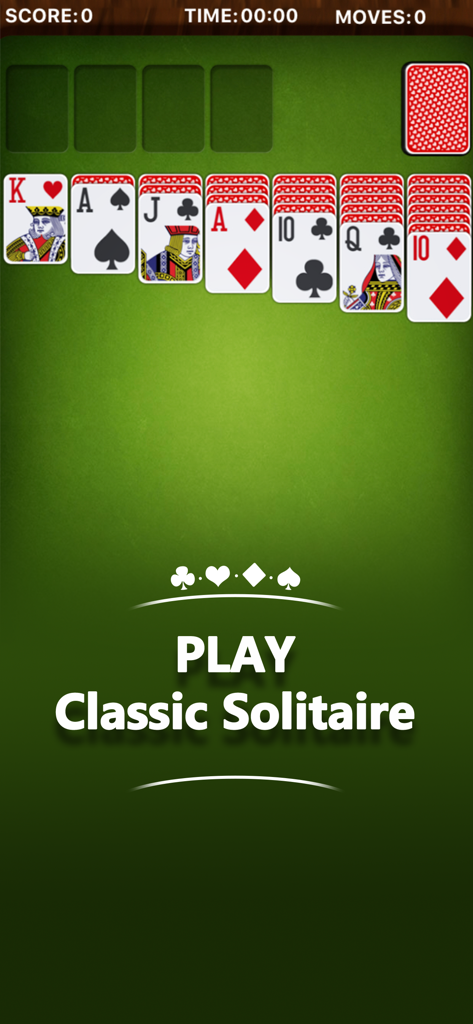 Solitaire Klondike * - Classic solitaire gameplay screen showing large easy to read cards on a green background