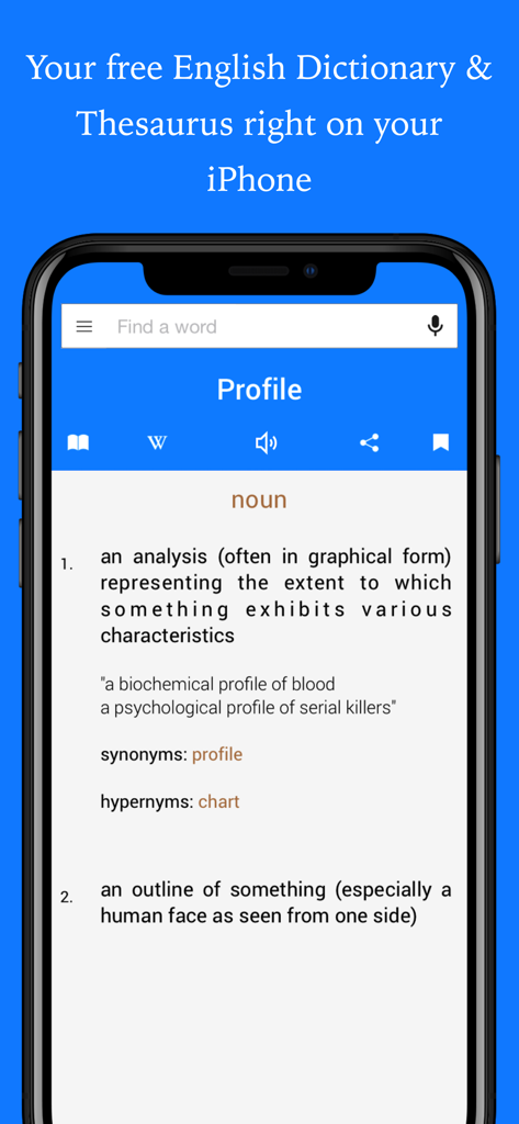 Screenshot of the English Dictionary app showing the definition and synonyms of the word Profile on an iPhone