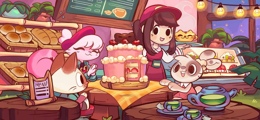 Cute anthropomorphic cats and a human waitress celebrating with a large pink strawberry cake in a cozy forest cafe.
