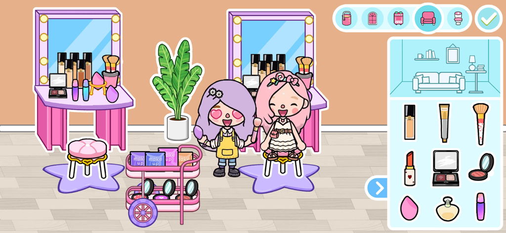 Princess Games Makeup Salon - A digital makeup salon scene featuring two characters sitting at vanities with a side menu of various cosmetic products.