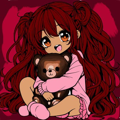 manga girl, long curly hair, happy, cuddling a teddy bear