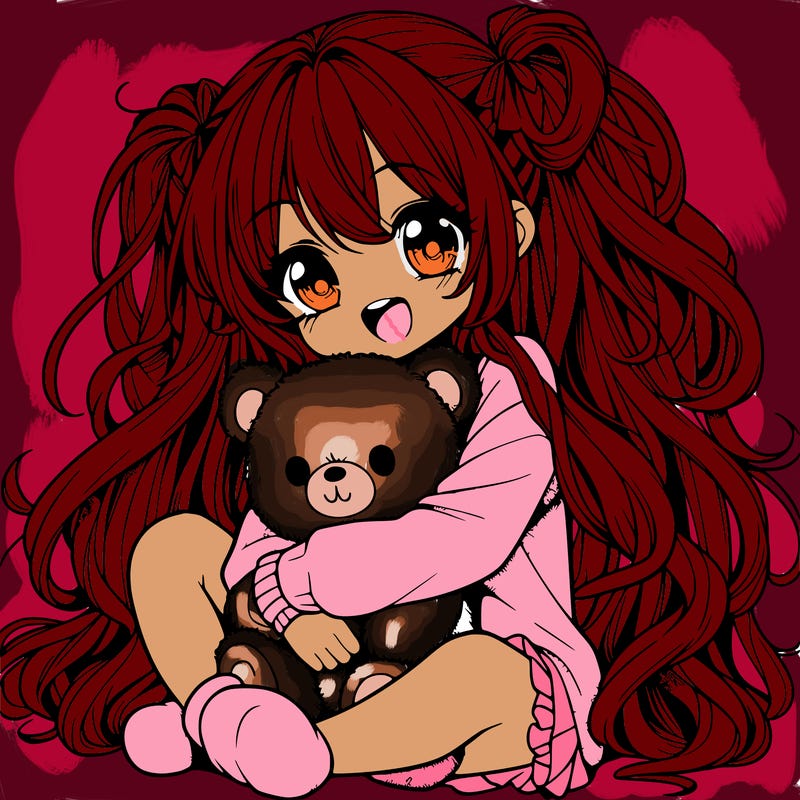 manga girl, long curly hair, happy, cuddling a teddy bear