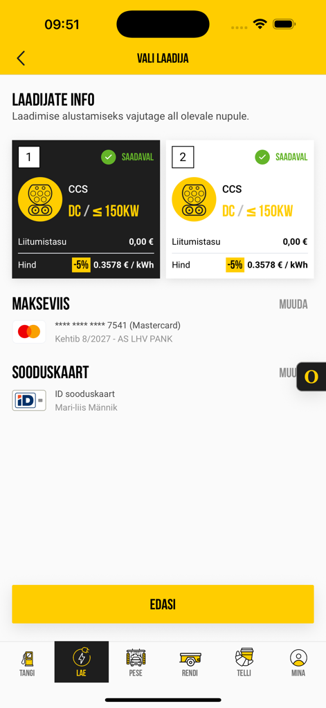 Interface of the Olerex mobile app showing electric vehicle charging station selection with payment and loyalty card details.