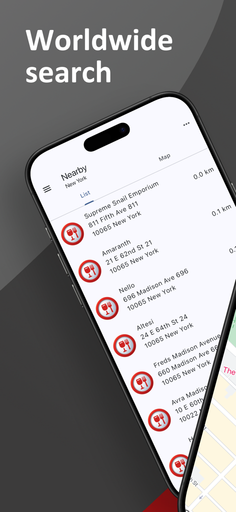 Restaurant Locator Anywhere - Smartphone displaying a list of restaurants in New York within the Restaurant Locator Anywhere app.