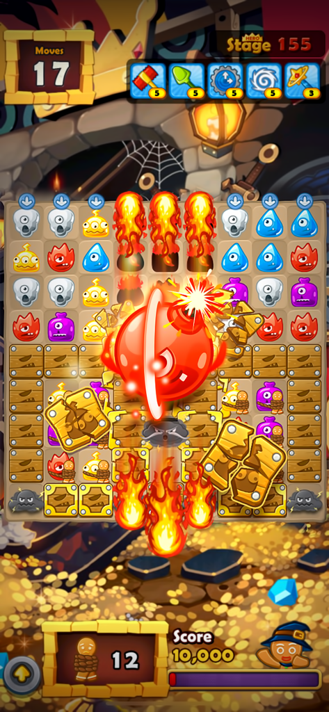 Monster Busters:Match 3 Puzzle - Gameplay of Monster Busters Match 3 Puzzle featuring a bomb explosion and colorful monster tiles.