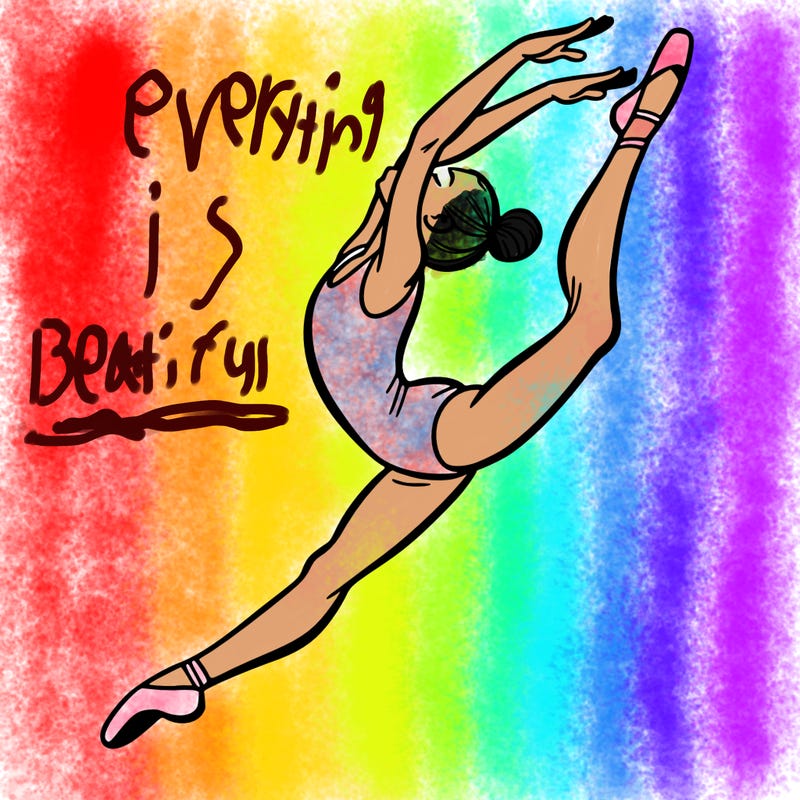 gymnast doing a leap in a leotard with a bent back leg