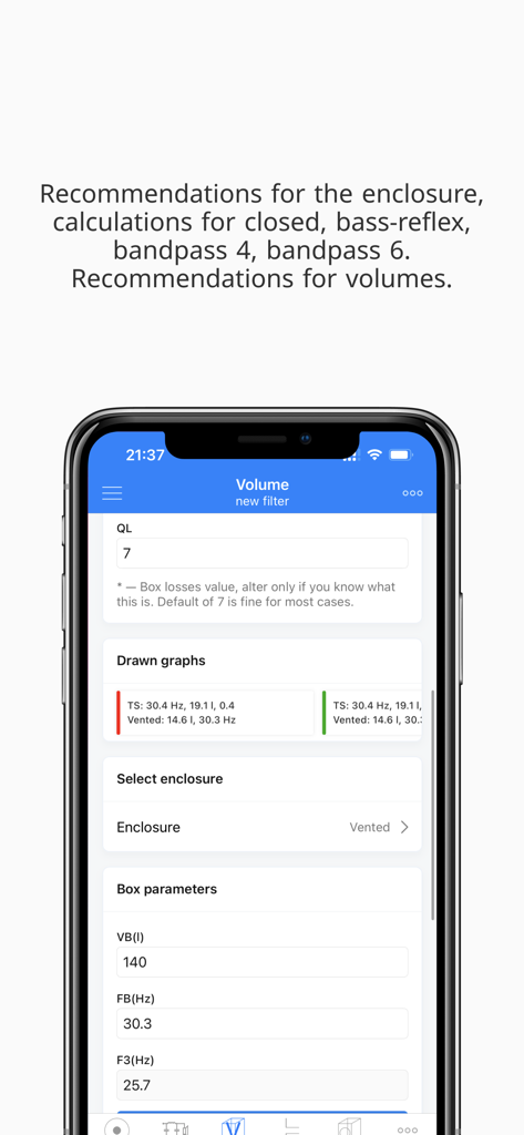 Speaker Box Lite app screen showing subwoofer enclosure volume and technical parameters