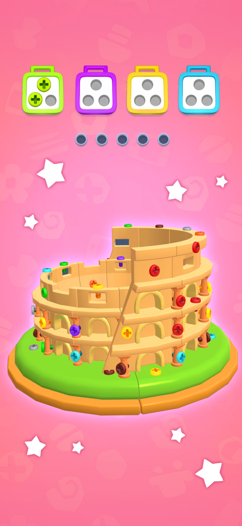 Screw Sort Puzzle™-Pin Jam 3D - A 3D wooden Colosseum model featuring colorful screws being sorted into matching slots.