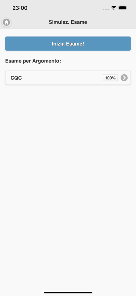 Quiz CQC Merci 2026 - Schermata di simulazione dell'esame nell'app Quiz CQC Merci 2026 con un pulsante 'Inizia esame' e monitoraggio dei progressi per argomento