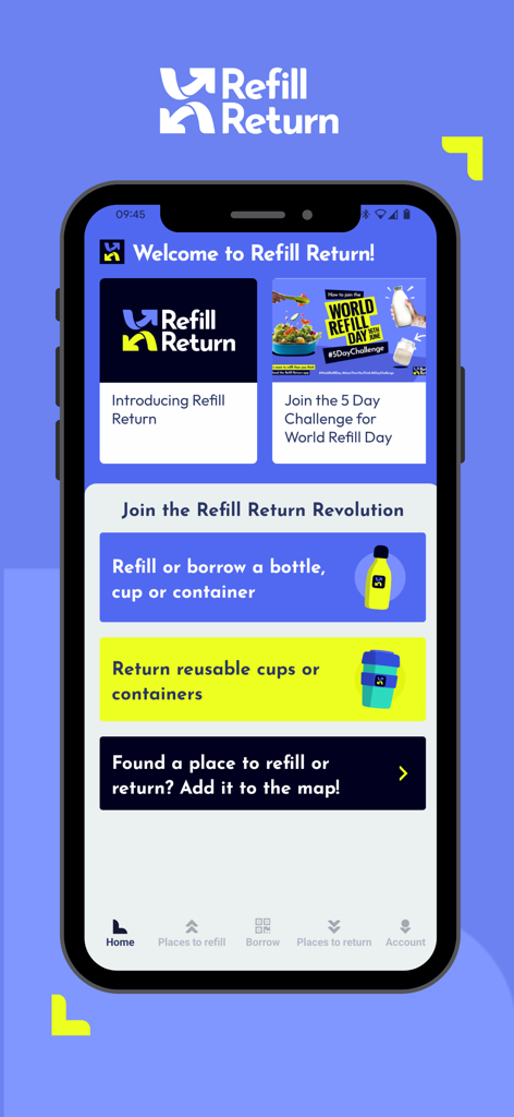 Refill Return - Home screen of the Refill Return app showing options to refill or return reusable containers and bottles.