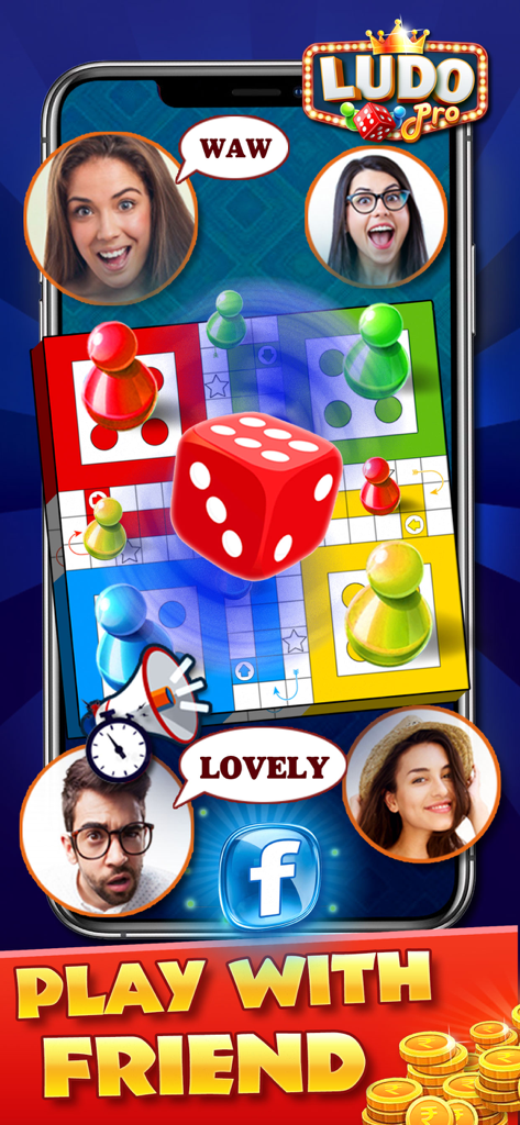 Ludo Pro mobile game interface showing a board game with online multiplayer friends and social media integration