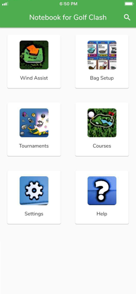 Notebook for Golf Clash - Main menu screen of the Notebook for Golf Clash app showing icons for Wind Assist Bag Setup Tournaments and Courses