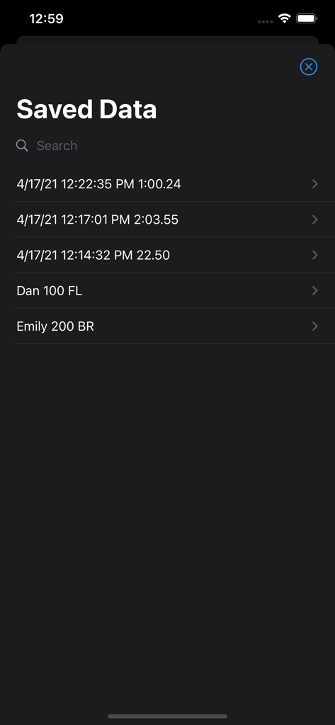 Stroke Rate Stopwatch - A list of saved swimming race data records showing dates, times, and athlete names in the Stroke Rate Stopwatch app.