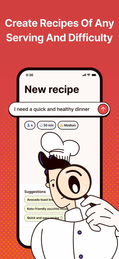 Magic Chef AI app interface for creating custom recipes with specific servings and difficulty levels