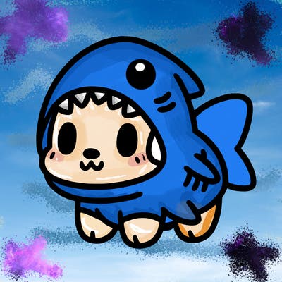 cute dog wearing a shark costume