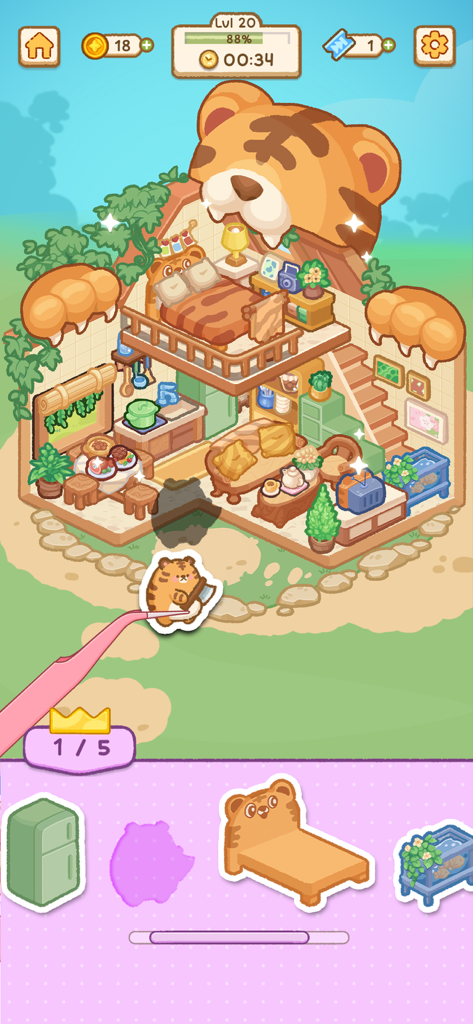 Charmies Land: Sticker Doodle - Charmies Landでトラの形をした人形の家を飾るカワイイステッカーパズルゲームプレイ