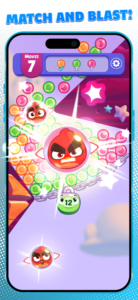 Angry Birds Dream Blastのモバイルゲームプレイ。カラフルなバブルとキャラクターのブラストエフェクトが表示されています。