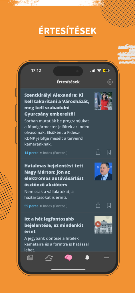 Index.hu - La schermata delle notifiche dell'app di notizie Index.hu che mostra i titoli ungheresi correnti in un'interfaccia mobile.