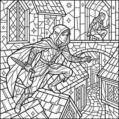 Dive into the clandestine world of Elven Rogues with this unique stained glass coloring page. Featuring intricate designs and dynamic poses, it promises a captivating coloring experience for fantasy lovers.