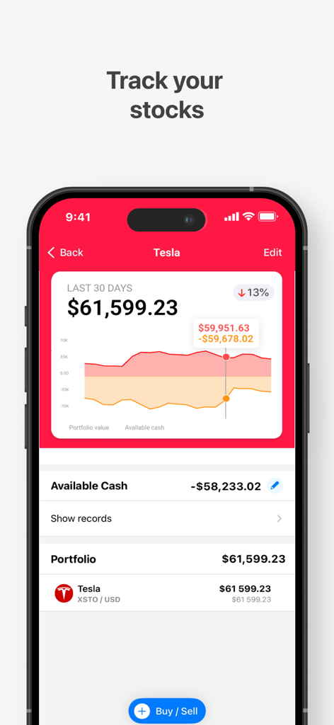 Stock portfolio tracking screen in the Wallet finance app showing Tesla performance and charts.