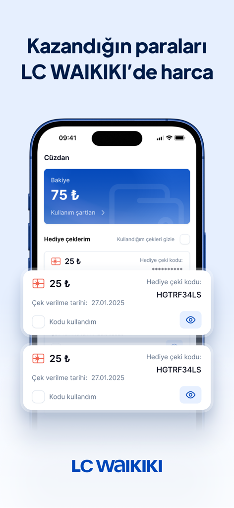 KazanıYORUM - KazanıYORUM mobile app screen displaying a wallet balance and multiple gift vouchers to be spent at LC Waikiki.