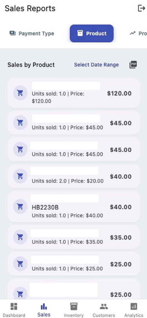 Hamster POS reports app - Sales by product report screen in the Hamster POS Reports app showing units sold and revenue per item