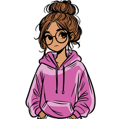 teen girl with a messy bun and glasses wearing a loose hoodie and jeans