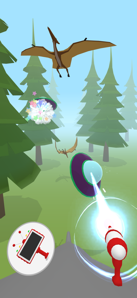 Find the Alien 2 - A first-person view of gameplay in Find the Alien 2 showing a blaster shooting a UFO in a prehistoric forest with flying dinosaurs