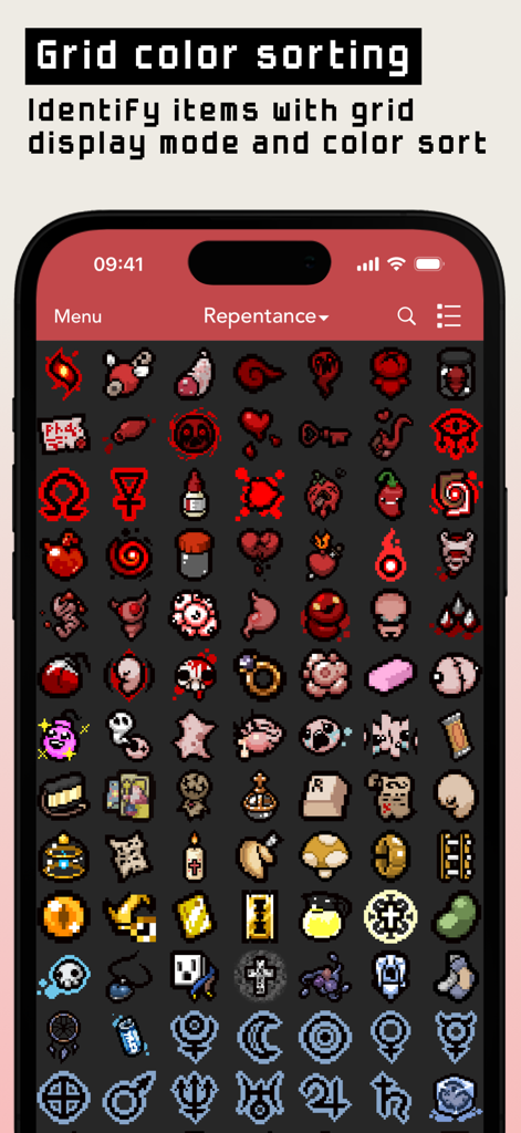 Guide+ for Binding of Isaac - Mobile app interface showing Binding of Isaac items organized by color in a grid
