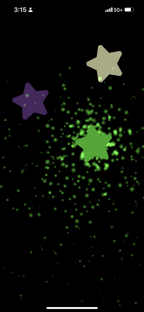 A minimalist baby game screen showing colored stars and glowing green dots on a black background
