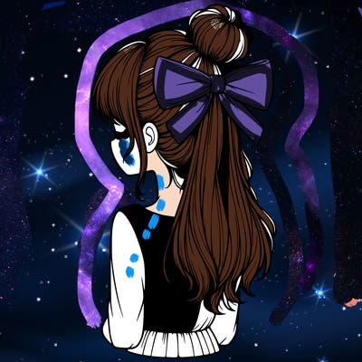 realistic girl  with hip length hair a bun and a big bow on the back of head