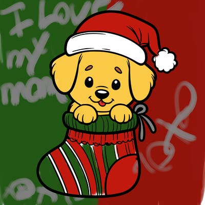 cute puppy wearing santa hat in socking