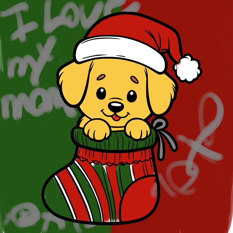 cute puppy wearing santa hat in socking