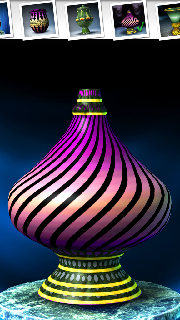 A decorated ceramic vase with purple and black spiral patterns in a digital pottery simulator