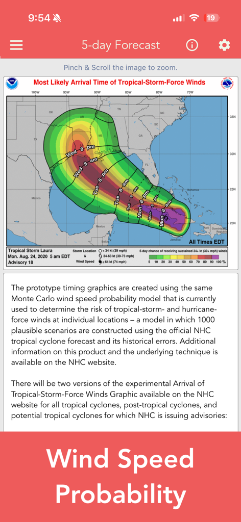 National Hurricane Center Data - Windgeschwindigkeits-Wahrscheinlichkeitskarte, die Ankunftszeiten für Tropensturm Laura zeigt