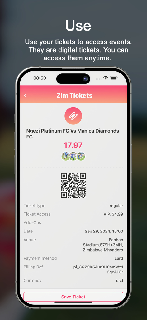 Zim Tickets - A digital event ticket on the Zim Tickets mobile app showing a QR code for a football match