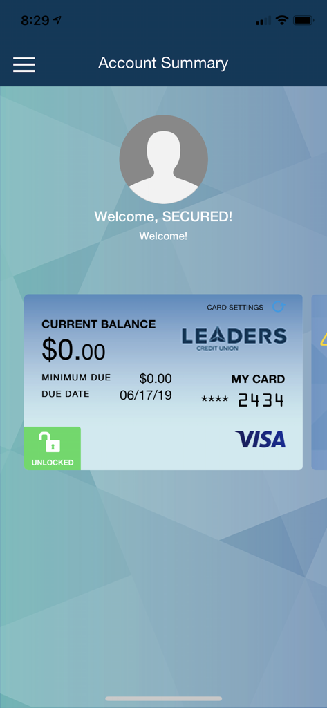 Leaders Card Controls - Account summary screen of the Leaders Card Controls app showing an unlocked Visa card and zero balance.