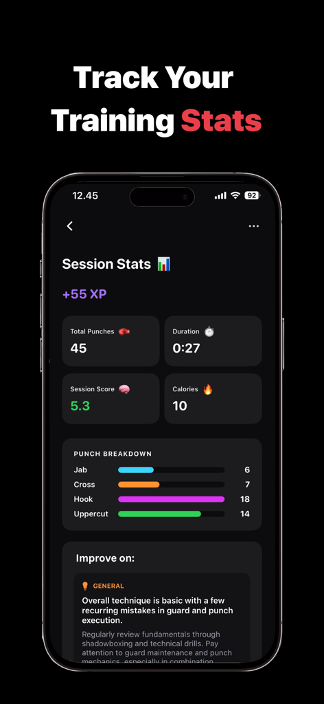 Boxer AI - Pantalla de la aplicación Boxer AI que muestra estadísticas de entrenamiento y desglose de puñetazos