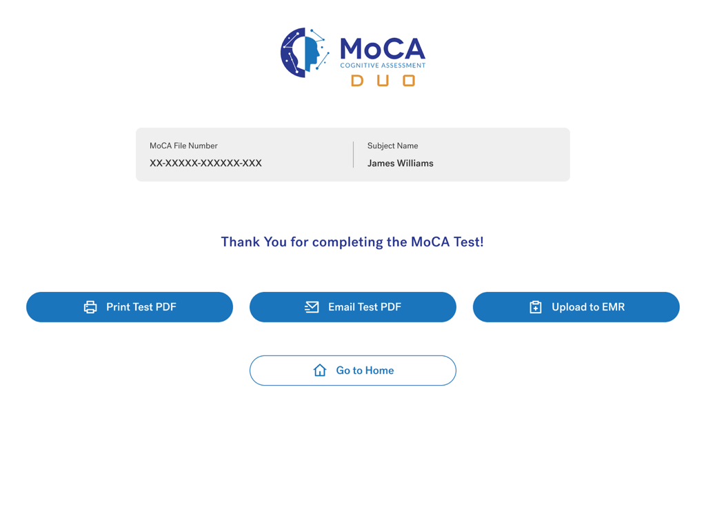 Schermata di completamento del test MoCA Duo con opzioni di stampa, email e caricamento su EMR